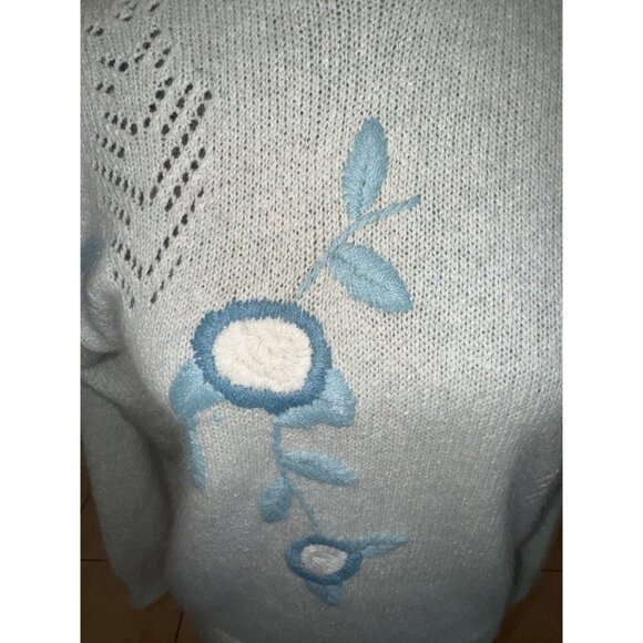 Vintage 80s Andrea Gayle M Light Blue Silk Sweater Floral Embroidery Openwork - Picture 6 of 9